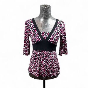 Vintage Y2K Pink Polka Dot Babydoll Stretch V-Neck  Knit Top XS/S Tie Back Retro